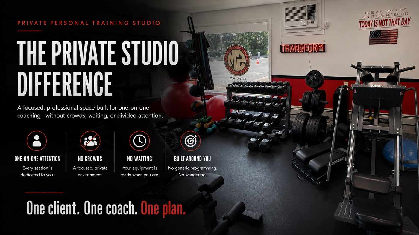 The Private Studio Difference — one-on-one attention, no crowds, no waiting, and training built around you at Transformations by Sean Michael in Midland Park, NJ. One client. One coach. One plan.